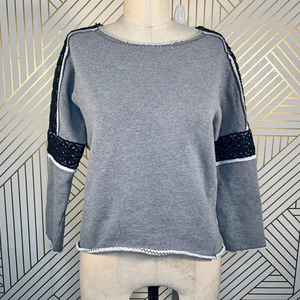 SÀPOPA Macramé Lace Trim Terry Sweatshirt in Gray